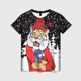 Женская футболка 3D с принтом Тигр в красном в Екатеринбурге, 100% полиэфир ( синтетическое хлопкоподобное полотно) | прямой крой, круглый вырез горловины, длина до линии бедер | 2022 | fir forest | happy new year | hearts | merry christmas | red hat | santa claus | scarf | snow | tiger | year of the tiger | год тигра | еловый лес | красная шапка | новый год | очки | рождество | санта клаус | сердца | снег | тигр | шарф