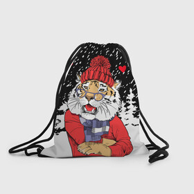 Рюкзак-мешок 3D с принтом Тигр в красном в Екатеринбурге, 100% полиэстер | плотность ткани — 200 г/м2, размер — 35 х 45 см; лямки — толстые шнурки, застежка на шнуровке, без карманов и подкладки | Тематика изображения на принте: 2022 | fir forest | happy new year | hearts | merry christmas | red hat | santa claus | scarf | snow | tiger | year of the tiger | год тигра | еловый лес | красная шапка | новый год | очки | рождество | санта клаус | сердца | снег | тигр | шарф