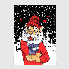 Постер с принтом Тигр в красном в Екатеринбурге, 100% бумага
 | бумага, плотность 150 мг. Матовая, но за счет высокого коэффициента гладкости имеет небольшой блеск и дает на свету блики, но в отличии от глянцевой бумаги не покрыта лаком | 2022 | fir forest | happy new year | hearts | merry christmas | red hat | santa claus | scarf | snow | tiger | year of the tiger | год тигра | еловый лес | красная шапка | новый год | очки | рождество | санта клаус | сердца | снег | тигр | шарф