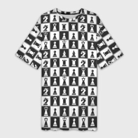 Платье-футболка 3D с принтом Шахматы (Шахматные Фигуры) в Екатеринбурге,  |  | chess | анатолий карпов | бобби фишер | владимир крамник | гари каспаров | игра | король | ладья | магнус карлсен | математика | михаил ботвинник | пешка | ферзь | хосерауль капабланка | чёрнобелые