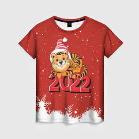 Женская футболка 3D с принтом Тигренок 2022 год  цифрами в Екатеринбурге, 100% полиэфир ( синтетическое хлопкоподобное полотно) | прямой крой, круглый вырез горловины, длина до линии бедер | 2022 | год тигра | новый год | новый год 2022 | символ года | тигр | тигренок | тигрица | тигры