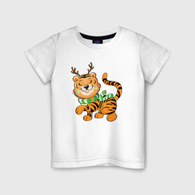Детская футболка хлопок с принтом Тигренок   новогодний олень в Екатеринбурге, 100% хлопок | круглый вырез горловины, полуприлегающий силуэт, длина до линии бедер | 2022 | год тигра | новый год | новый год 2022 | символ года | тигр | тигренок | тигрица | тигры
