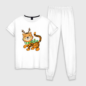 Женская пижама хлопок с принтом Тигренок   новогодний олень в Екатеринбурге, 100% хлопок | брюки и футболка прямого кроя, без карманов, на брюках мягкая резинка на поясе и по низу штанин | 2022 | год тигра | новый год | новый год 2022 | символ года | тигр | тигренок | тигрица | тигры