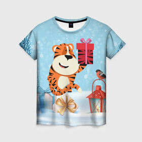 Женская футболка 3D с принтом Тигренок с подарком 2022 в Екатеринбурге, 100% полиэфир ( синтетическое хлопкоподобное полотно) | прямой крой, круглый вырез горловины, длина до линии бедер | 2022 | год тигра | новый год | новый год 2022 | символ года | тигр | тигренок | тигрица | тигры