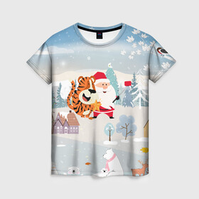 Женская футболка 3D с принтом Санта и тигр делают сэлфи в Екатеринбурге, 100% полиэфир ( синтетическое хлопкоподобное полотно) | прямой крой, круглый вырез горловины, длина до линии бедер | 2022 | год тигра | новый год | новый год 2022 | символ года | тигр | тигренок | тигрица | тигры