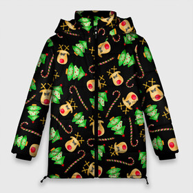 Женская зимняя куртка Oversize с принтом Олени, елки и карамель в Екатеринбурге, верх — 100% полиэстер; подкладка — 100% полиэстер; утеплитель — 100% полиэстер | длина ниже бедра, силуэт Оверсайз. Есть воротник-стойка, отстегивающийся капюшон и ветрозащитная планка. 

Боковые карманы с листочкой на кнопках и внутренний карман на молнии | caramel | christmas | deer | lollipop | merry christmas | new year | santa | spruce | tree | акварель | ёлка | зима | зимний узор | карамель | леденец | лес | новогодние олени | новогодний узор | новогодняя ночь | новый год | ночь | олени