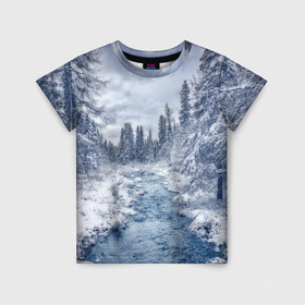 Детская футболка 3D с принтом СНЕЖНЫЙ ПЕЙЗАЖ в Екатеринбурге, 100% гипоаллергенный полиэфир | прямой крой, круглый вырез горловины, длина до линии бедер, чуть спущенное плечо, ткань немного тянется | fores | ice | snow | white | winter | белый | вода | зима | иней | красота | лед | лес | мороз | небо | новый год | пейзаж | природа | река | ручей | снег