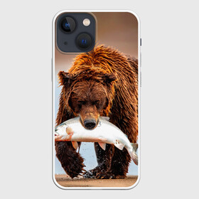 Чехол для iPhone 13 mini с принтом Медведь с рыбой во рту в Екатеринбурге,  |  | bear | дикие | животные | звери | лес | медведь | мишка | природа | русская рыбалка | рыба