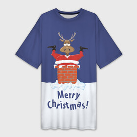 Платье-футболка 3D с принтом Санта в трубе с Оленем в Екатеринбурге,  |  | christmas | merry christmas | santa claus | дед мороз | ёлка | новогодние олени | новый год | оленёнок бэмби | оленёнок рудольф | орнамент | с новым годом | сантаклаус | свитер с оленями | снегурочка | снежинки | узоры