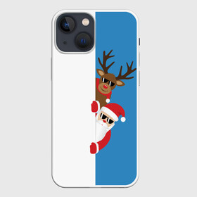 Чехол для iPhone 13 mini с принтом Крутые Санта и Олень в Екатеринбурге,  |  | christmas | merry christmas | santa claus | в очках | дед мороз | ёлка | новогодние олени | новый год | оленёнок бэмби | оленёнок рудольф | с новым годом | сантаклаус | свитер с оленями | северный олень | снегурочка