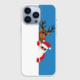 Чехол для iPhone 13 Pro с принтом Крутые Санта и Олень в Екатеринбурге,  |  | christmas | merry christmas | santa claus | в очках | дед мороз | ёлка | новогодние олени | новый год | оленёнок бэмби | оленёнок рудольф | с новым годом | сантаклаус | свитер с оленями | северный олень | снегурочка