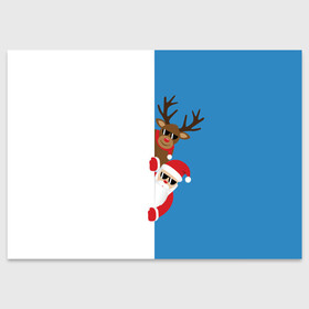 Поздравительная открытка с принтом Крутые Санта и Олень в Екатеринбурге, 100% бумага | плотность бумаги 280 г/м2, матовая, на обратной стороне линовка и место для марки
 | christmas | merry christmas | santa claus | в очках | дед мороз | ёлка | новогодние олени | новый год | оленёнок бэмби | оленёнок рудольф | с новым годом | сантаклаус | свитер с оленями | северный олень | снегурочка