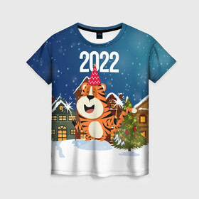 Женская футболка 3D с принтом Тигр   новый год 2022 в Екатеринбурге, 100% полиэфир ( синтетическое хлопкоподобное полотно) | прямой крой, круглый вырез горловины, длина до линии бедер | 2022 | год тигра | новый год | новый год 2022 | символ года | тигр | тигренок | тигрица | тигры