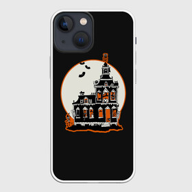 Чехол для iPhone 13 mini с принтом Gloomy Castle в Екатеринбурге,  |  | bat | castle | cat | dark | gloomy | halloween | jack | lamp | moon | night | pumpkin | skeleton | spider | sunset | tailcoat | web | джек | джека | замок | кот | летучая | луна | мрачный | мышь | ночь | паук | паутина | свет | светильник |