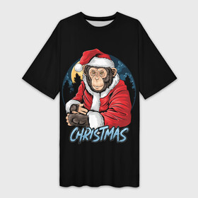 Платье-футболка 3D с принтом CHRISTMAS (обезьяна) в Екатеринбурге,  |  | chimpanzee | christmas | gorilla | merry christmas | monkey | santa claus | бигфут | гамадрил | гиббон | год обе | горилла | дед мороз | ёлка | животное | зверь | мартышка | новый год | обезьяна | орангутан | подарок | праздник