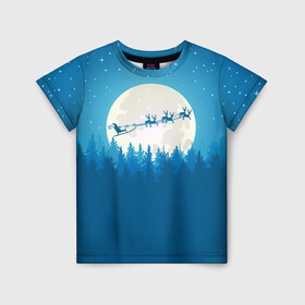 Детская футболка 3D с принтом Санта с Оленями в Екатеринбурге, 100% гипоаллергенный полиэфир | прямой крой, круглый вырез горловины, длина до линии бедер, чуть спущенное плечо, ткань немного тянется | christmas | merry christmas | santa claus | дед мороз | ёлка | зима | луна | мороз | новогодние олени | новый год | оленёнок рудольф | подарок | праздник | рождество | с новым годом | сани | санта клаус | свитер с оленями