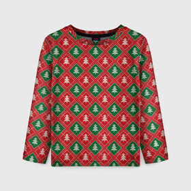 Детский лонгслив 3D с принтом Ёлочки (красно зелёные) в Екатеринбурге, 100% полиэстер | длинные рукава, круглый вырез горловины, полуприлегающий силуэт
 | Тематика изображения на принте: merry christmas | бабушкин свитер | дед мороз | ёлка | елочные шары | новогодний подарок | новый год | подарок | природа | рождество | свитер | свитер с ёлками | снежинки