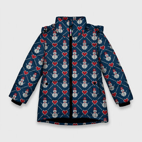 Зимняя куртка для девочек 3D с принтом Снеговики с Сердечками в Екатеринбурге, ткань верха — 100% полиэстер; подклад — 100% полиэстер, утеплитель — 100% полиэстер. | длина ниже бедра, удлиненная спинка, воротник стойка и отстегивающийся капюшон. Есть боковые карманы с листочкой на кнопках, утяжки по низу изделия и внутренний карман на молнии. 

Предусмотрены светоотражающий принт на спинке, радужный светоотражающий элемент на пуллере молнии и на резинке для утяжки. | love | merry christmas | дед мороз | ёлка | зима | любовь | мороз | новый год | подарок | праздник | рождество | с новым годом | сантаклаус | свитер | свитер с сердечками | свитер со снеговиками | сердца | снег