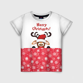 Детская футболка 3D с принтом Оленёнок (Merry Christmas) в Екатеринбурге, 100% гипоаллергенный полиэфир | прямой крой, круглый вырез горловины, длина до линии бедер, чуть спущенное плечо, ткань немного тянется | merry christmas | santa claus | дед мороз | ёлка | зверь | зима | лось | мороз | новогодние олени | новый год | оленёнок бэмби | оленёнок рудольф | олень | подарок | празд | рождество | с новым годом | сантаклаус