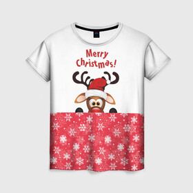 Женская футболка 3D с принтом Оленёнок (Merry Christmas) в Екатеринбурге, 100% полиэфир ( синтетическое хлопкоподобное полотно) | прямой крой, круглый вырез горловины, длина до линии бедер | merry christmas | santa claus | дед мороз | ёлка | зверь | зима | лось | мороз | новогодние олени | новый год | оленёнок бэмби | оленёнок рудольф | олень | подарок | празд | рождество | с новым годом | сантаклаус