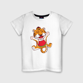 Детская футболка хлопок с принтом Веселый тигр в прыжке в Екатеринбурге, 100% хлопок | круглый вырез горловины, полуприлегающий силуэт, длина до линии бедер | 2022 | год тигра | новый год | новый год 2022 | символ года | тигр | тигренок | тигрица | тигры