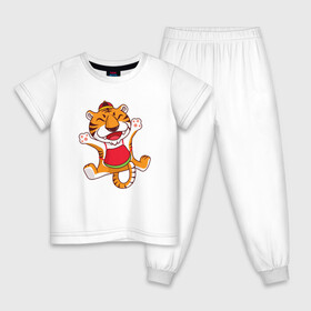Детская пижама хлопок с принтом Веселый тигр в прыжке в Екатеринбурге, 100% хлопок |  брюки и футболка прямого кроя, без карманов, на брюках мягкая резинка на поясе и по низу штанин
 | Тематика изображения на принте: 2022 | год тигра | новый год | новый год 2022 | символ года | тигр | тигренок | тигрица | тигры