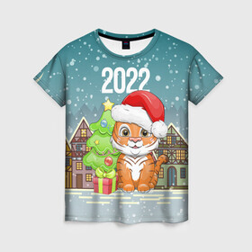 Женская футболка 3D с принтом Тигренок с елочкой в Екатеринбурге, 100% полиэфир ( синтетическое хлопкоподобное полотно) | прямой крой, круглый вырез горловины, длина до линии бедер | 2022 | год тигра | новый год | новый год 2022 | символ года | тигр | тигренок | тигрица | тигры