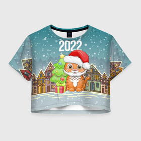 Женская футболка Crop-top 3D с принтом Тигренок с елочкой в Екатеринбурге, 100% полиэстер | круглая горловина, длина футболки до линии талии, рукава с отворотами | 2022 | год тигра | новый год | новый год 2022 | символ года | тигр | тигренок | тигрица | тигры
