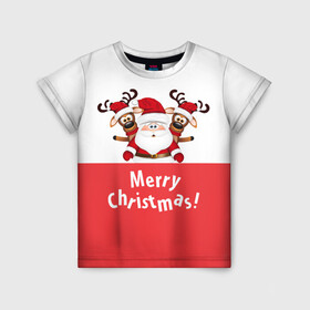 Детская футболка 3D с принтом Санта с 2 Оленями в Екатеринбурге, 100% гипоаллергенный полиэфир | прямой крой, круглый вырез горловины, длина до линии бедер, чуть спущенное плечо, ткань немного тянется | christmas | merry christmas | santa claus | дед мороз | ёлка | зима | мороз | новогодние олени | новый год | оленёнок бэмби | оленёнок рудольф | подарок | праздник | рождество | с новым годом | санта клаус