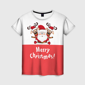 Женская футболка 3D с принтом Санта с 2 Оленями в Екатеринбурге, 100% полиэфир ( синтетическое хлопкоподобное полотно) | прямой крой, круглый вырез горловины, длина до линии бедер | christmas | merry christmas | santa claus | дед мороз | ёлка | зима | мороз | новогодние олени | новый год | оленёнок бэмби | оленёнок рудольф | подарок | праздник | рождество | с новым годом | санта клаус