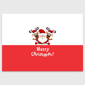 Поздравительная открытка с принтом Санта с 2 Оленями в Екатеринбурге, 100% бумага | плотность бумаги 280 г/м2, матовая, на обратной стороне линовка и место для марки
 | christmas | merry christmas | santa claus | дед мороз | ёлка | зима | мороз | новогодние олени | новый год | оленёнок бэмби | оленёнок рудольф | подарок | праздник | рождество | с новым годом | санта клаус