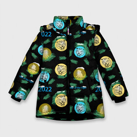 Зимняя куртка для девочек 3D с принтом Новогодний принт с тиграми в Екатеринбурге, ткань верха — 100% полиэстер; подклад — 100% полиэстер, утеплитель — 100% полиэстер. | длина ниже бедра, удлиненная спинка, воротник стойка и отстегивающийся капюшон. Есть боковые карманы с листочкой на кнопках, утяжки по низу изделия и внутренний карман на молнии. 

Предусмотрены светоотражающий принт на спинке, радужный светоотражающий элемент на пуллере молнии и на резинке для утяжки. | Тематика изображения на принте: 2022 | christmas cat | kitten | mood | toys | tree | year | год | елка | елки | елочные | золотой | игрушки | кот | котенок | кошачьи | настроение | новогодние | новый тигра | пушистая | снежная | тигр | фон | черный