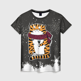 Женская футболка 3D с принтом Тигр с бокалом вина в Екатеринбурге, 100% полиэфир ( синтетическое хлопкоподобное полотно) | прямой крой, круглый вырез горловины, длина до линии бедер | 2022 | год тигра | новый год | новый год 2022 | символ года | тигр | тигренок | тигрица | тигры