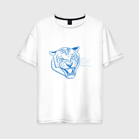 Женская футболка хлопок Oversize с принтом Контур головы синего тигра, арт лайн. в Екатеринбурге, 100% хлопок | свободный крой, круглый ворот, спущенный рукав, длина до линии бедер
 | blue | head | holiday | mascot | new year | symbol | tiger | year of the tiger | арт лайн | год тигра | кошка | новогодний | новый год | праздник | символ | талисман