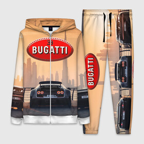 Женский костюм 3D с принтом Bugatti на фоне Дубая ОАЭ с логотипом в Екатеринбурге,  |  | bugatti chiron | bugatti veyron | бугатти | гиперкары | дубай | закат | оаэ | спортивные машины | спорткары