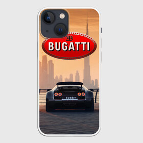 Чехол для iPhone 13 mini с принтом Bugatti на фоне Дубая ОАЭ с логотипом в Екатеринбурге,  |  | bugatti chiron | bugatti veyron | бугатти | гиперкары | дубай | закат | оаэ | спортивные машины | спорткары