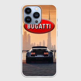 Чехол для iPhone 13 Pro с принтом Bugatti на фоне Дубая ОАЭ с логотипом в Екатеринбурге,  |  | bugatti chiron | bugatti veyron | бугатти | гиперкары | дубай | закат | оаэ | спортивные машины | спорткары