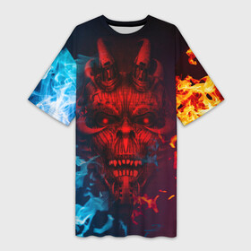 Платье-футболка 3D с принтом Diablo Fire Ice в Екатеринбурге,  |  | black | demon | devil | fire | hell | horns | ice | prints | top | trend | ад | демон | дьявол | лёд | огонь | принты | рога | топ | тренд | черный