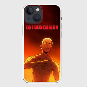 Чехол для iPhone 13 mini с принтом Сайтама в огне One Punch Man в Екатеринбурге,  |  | Тематика изображения на принте: hagemanto | one punch man | one punchman | onepunchman | saitama | sensei | аниме | ван панч мен | ванпанчмен | лысый плащ | манга | сайтама | сильнейший человек | учитель | человек одинудар | человек одного удара