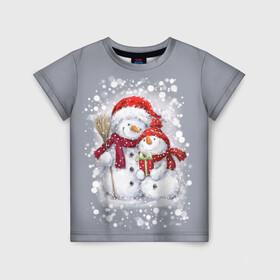 Детская футболка 3D с принтом Два снеговика в Екатеринбурге, 100% гипоаллергенный полиэфир | прямой крой, круглый вырез горловины, длина до линии бедер, чуть спущенное плечо, ткань немного тянется | Тематика изображения на принте: 2022 | год тигра | новогодний подарок | новый год | подарок на новый год | снег | снеговик | снеговики