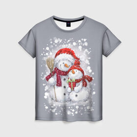 Женская футболка 3D с принтом Два снеговика в Екатеринбурге, 100% полиэфир ( синтетическое хлопкоподобное полотно) | прямой крой, круглый вырез горловины, длина до линии бедер | Тематика изображения на принте: 2022 | год тигра | новогодний подарок | новый год | подарок на новый год | снег | снеговик | снеговики