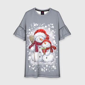 Детское платье 3D с принтом Два снеговика в Екатеринбурге, 100% полиэстер | прямой силуэт, чуть расширенный к низу. Круглая горловина, на рукавах — воланы | 2022 | год тигра | новогодний подарок | новый год | подарок на новый год | снег | снеговик | снеговики