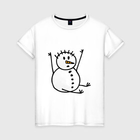 Женская футболка хлопок с принтом Снеговик в дудл стиле в Екатеринбурге, 100% хлопок | прямой крой, круглый вырез горловины, длина до линии бедер, слегка спущенное плечо | Тематика изображения на принте: дудл | зима | зимний | нарисованный | от руки | снег | снеговик