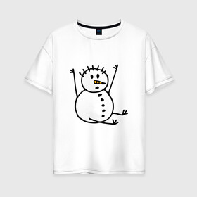 Женская футболка хлопок Oversize с принтом Снеговик в дудл стиле в Екатеринбурге, 100% хлопок | свободный крой, круглый ворот, спущенный рукав, длина до линии бедер
 | дудл | зима | зимний | нарисованный | от руки | снег | снеговик