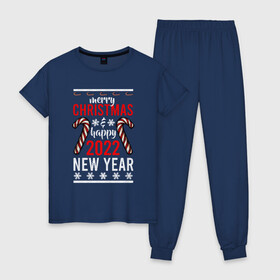 Женская пижама хлопок с принтом Happy 2022 NY в Екатеринбурге, 100% хлопок | брюки и футболка прямого кроя, без карманов, на брюках мягкая резинка на поясе и по низу штанин | 2022 | 2022 год | happy new year | santa | год тигра | дед мороз | каникулы | мороз | новогодний свитер | новый год | новый год 2022 | новый год тигра | оливье | праздник | рождество | санта клаус | свитер новогодний