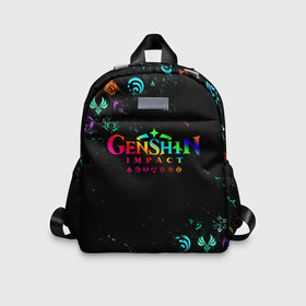 Детский рюкзак 3D с принтом GENSHIN IMPACT NEON LOGO RAINBOW STYLE, ЭМБЛЕМЫ в Екатеринбурге, 100% полиэстер | лямки с регулируемой длиной, сверху петелька, чтобы рюкзак можно было повесить на вешалку. Основное отделение закрывается на молнию, как и внешний карман. Внутри дополнительный карман. По бокам два дополнительных кармашка | Тематика изображения на принте: amber | anime | genshin impact | girl | jean | lisa | paimon | xiao | zelda | анемо | аниме | геншен импакт | геншин импакт | геншин эмпакт | геншинимпакт | девушка | игры | кли | лиза | паймон | пеймон | персонажи | сяо | тян