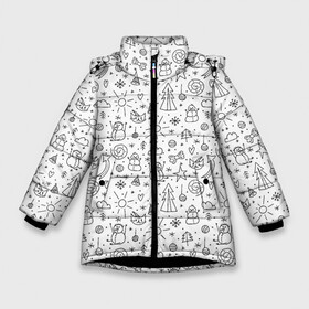 Зимняя куртка для девочек 3D с принтом Зимнее дудл настроение в Екатеринбурге, ткань верха — 100% полиэстер; подклад — 100% полиэстер, утеплитель — 100% полиэстер. | длина ниже бедра, удлиненная спинка, воротник стойка и отстегивающийся капюшон. Есть боковые карманы с листочкой на кнопках, утяжки по низу изделия и внутренний карман на молнии. 

Предусмотрены светоотражающий принт на спинке, радужный светоотражающий элемент на пуллере молнии и на резинке для утяжки. | бант | бантик | дудл | дудлики | елка | елочка | колокольчик | кот | нарисованный | облако | от руки | сердечко | сердце | снег | снеговик | снежинка | солнце | шарик