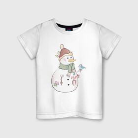 Детская футболка хлопок с принтом Снеговик с птичкой в Екатеринбурге, 100% хлопок | круглый вырез горловины, полуприлегающий силуэт, длина до линии бедер | Тематика изображения на принте: новый год | птичка | рождество | снег | снеговик