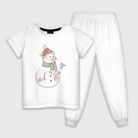 Детская пижама хлопок с принтом Снеговик с птичкой в Екатеринбурге, 100% хлопок |  брюки и футболка прямого кроя, без карманов, на брюках мягкая резинка на поясе и по низу штанин
 | новый год | птичка | рождество | снег | снеговик
