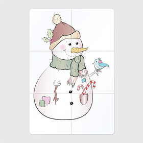 Магнитный плакат 2Х3 с принтом Снеговик с птичкой в Екатеринбурге, Полимерный материал с магнитным слоем | 6 деталей размером 9*9 см | новый год | птичка | рождество | снег | снеговик